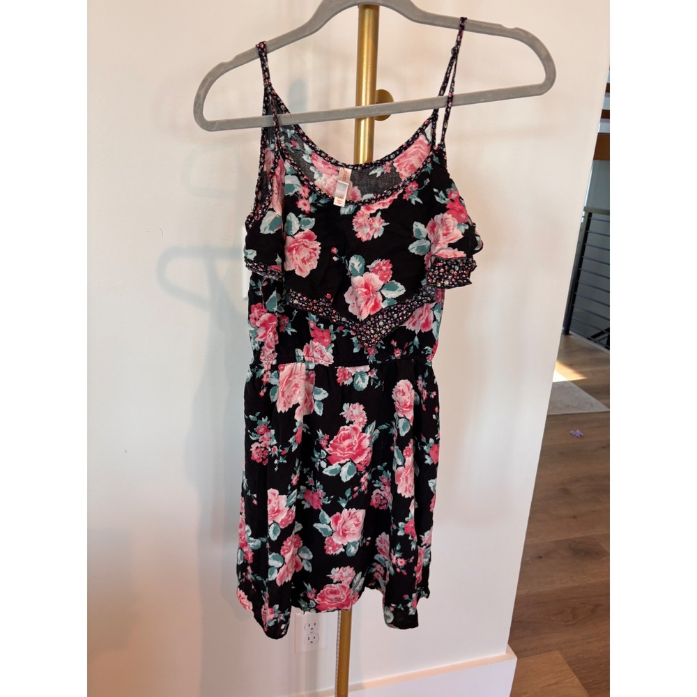 Xhilaration Black Pink Floral Ruffle Mini Dress Large Boho Spaghetti Strap Rose